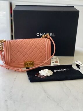 CHANEL Boy New Medium Shoulder Bag in Coral Pink with Gold Hardware